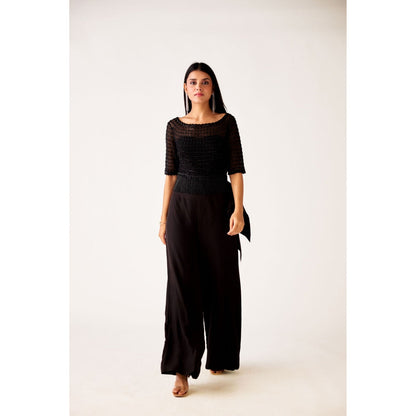 Basanti Kapde aur Koffee Black Organza Embroidered Top with Inner and Pant (Set of 3)