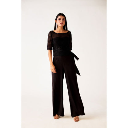 Basanti Kapde aur Koffee Black Organza Embroidered Top with Inner and Pant (Set of 3)