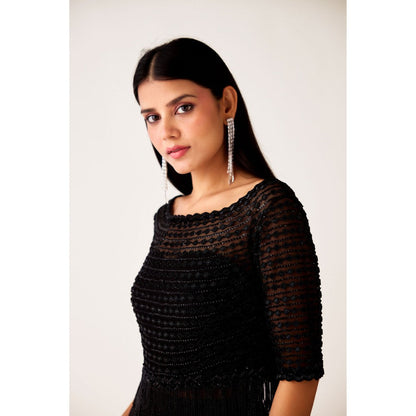 Basanti Kapde aur Koffee Black Organza Embroidered Top with Inner and Pant (Set of 3)