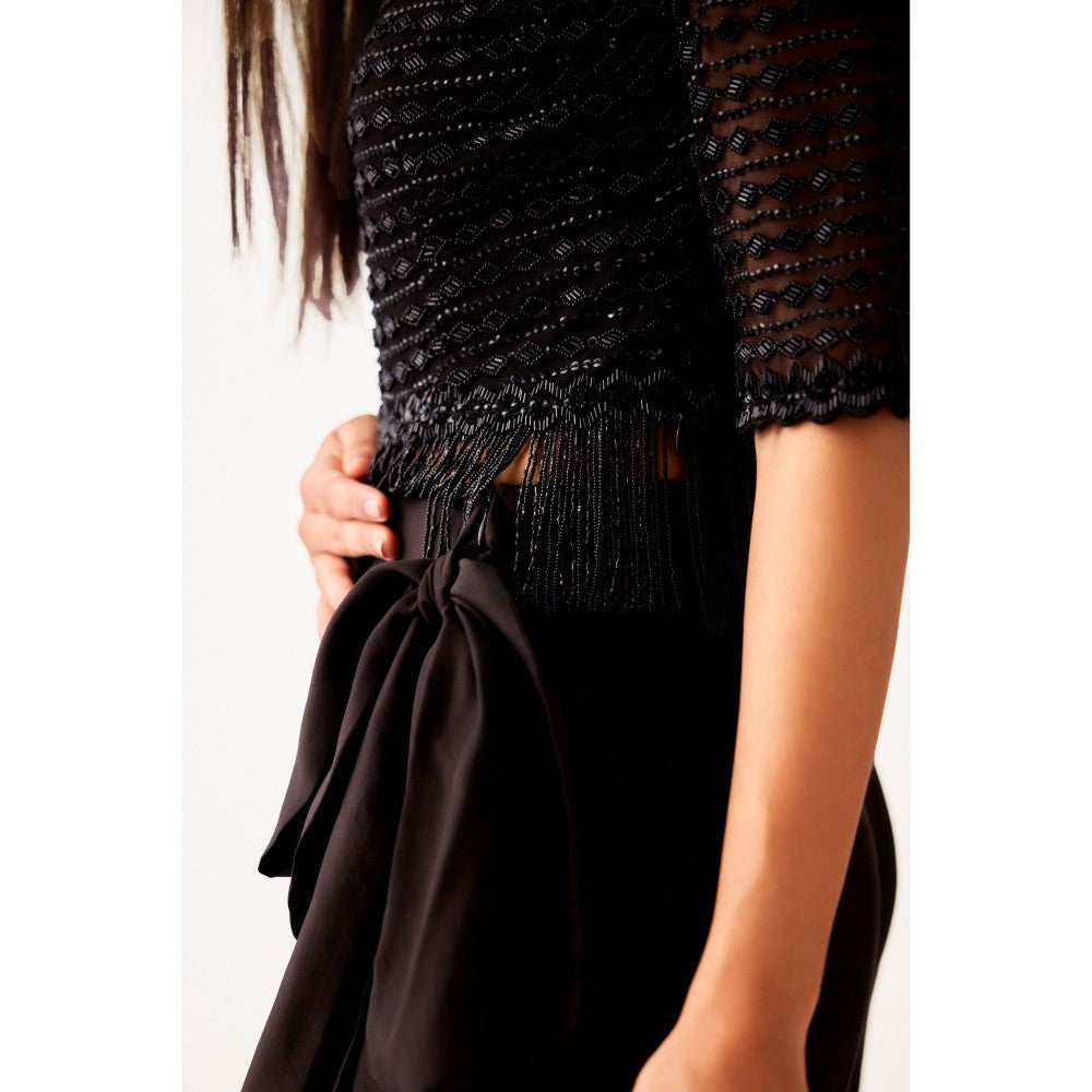 Basanti Kapde aur Koffee Black Organza Embroidered Top with Inner and Pant (Set of 3)