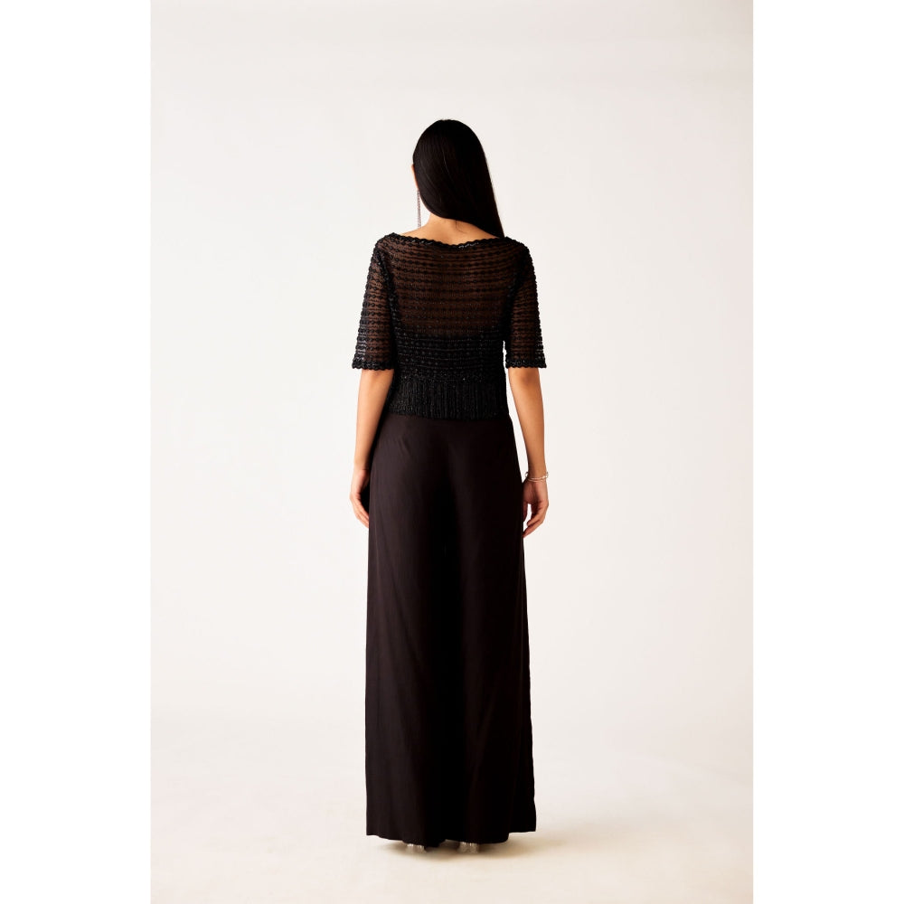 Basanti Kapde aur Koffee Black Organza Embroidered Top with Inner and Pant (Set of 3)