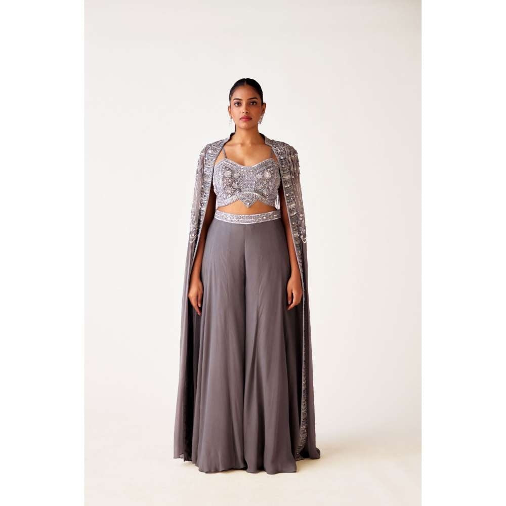 Basanti Kapde aur Koffee Grey Georgette Embroidered Jacket with Blouse and Palazzo (Set of 3)