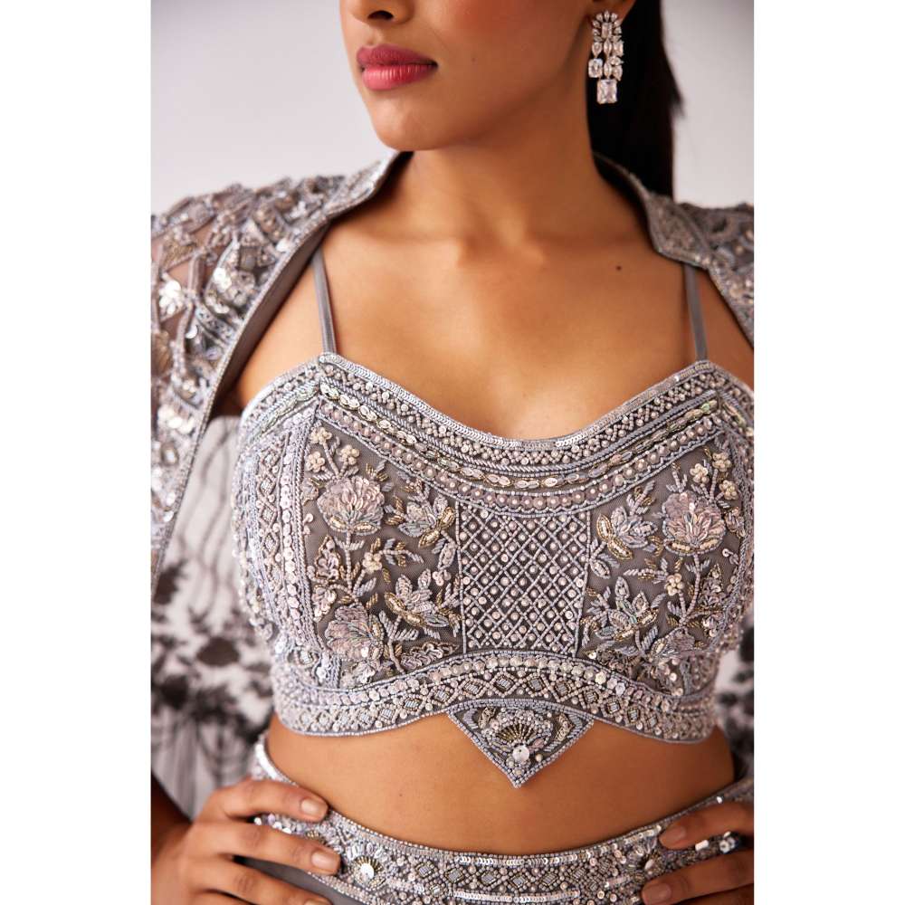 Basanti Kapde aur Koffee Grey Georgette Embroidered Jacket with Blouse and Palazzo (Set of 3)