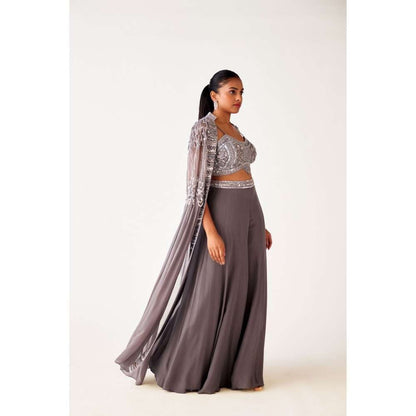 Basanti Kapde aur Koffee Grey Georgette Embroidered Jacket with Blouse and Palazzo (Set of 3)