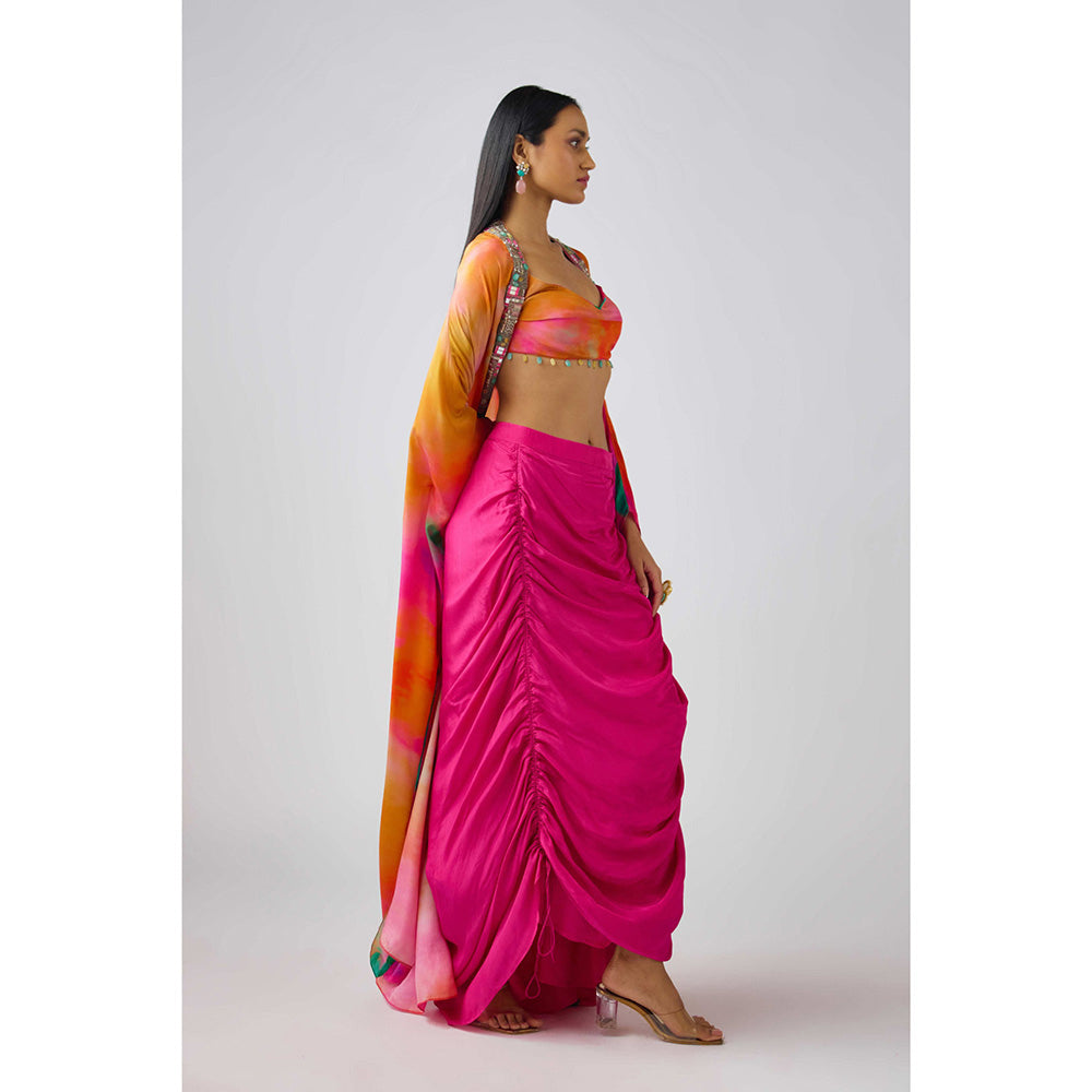 Basanti Kapde aur Koffee Multicolor Crepe Embellished Cape with Blouse and Skirt (Set of 3)