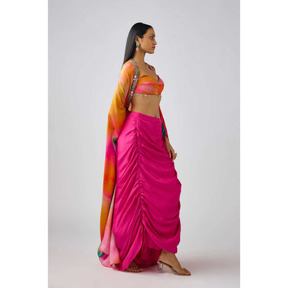 Basanti Kapde aur Koffee Multicolor Crepe Embellished Cape with Blouse and Skirt (Set of 3)