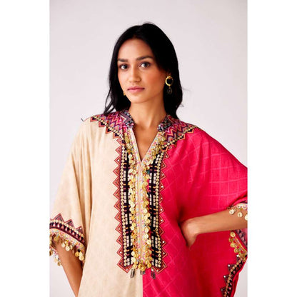 Basanti Kapde aur Koffee Pink Muslin Embroidered Kaftan and Dhoti (Set of 2)