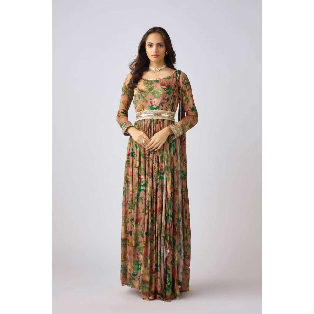 Basanti Kapde aur Koffee Peach Chinon Embroidered Gown