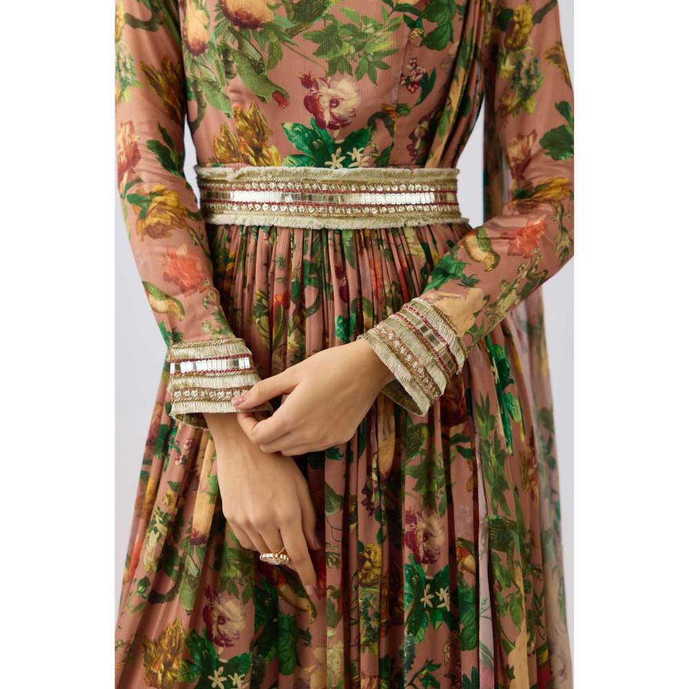 Basanti Kapde aur Koffee Peach Chinon Embroidered Gown