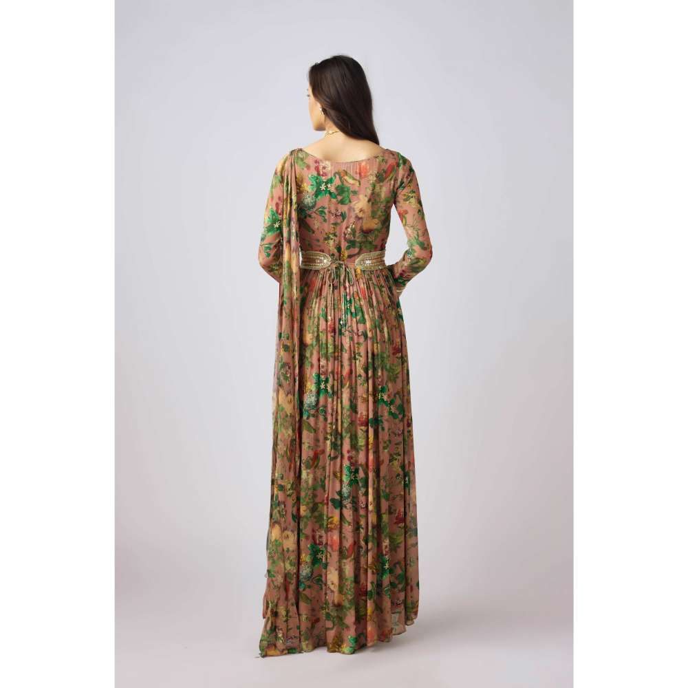 Basanti Kapde aur Koffee Peach Chinon Embroidered Gown