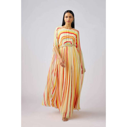 Basanti Kapde aur Koffee Georgette Embellished Dress with Bustier and Belt (Set of 3)