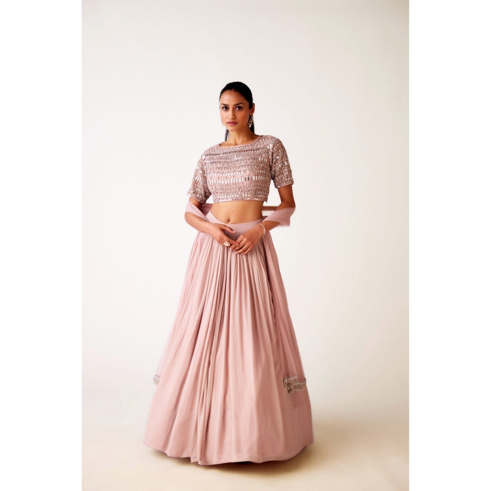 Basanti Kapde aur Koffee Pink Chinon Embroidered Blouse with Lehenga and Dupatta (Set of 3)