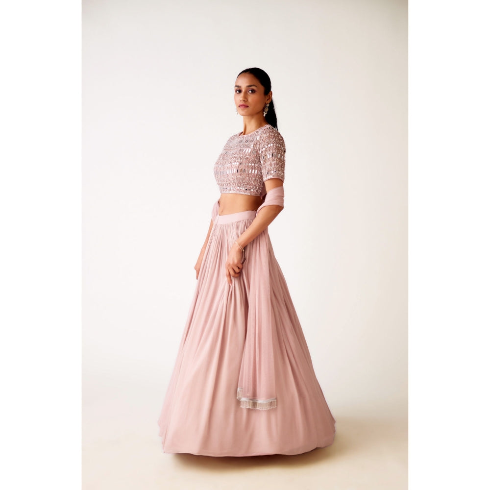 Basanti Kapde aur Koffee Pink Chinon Embroidered Blouse with Lehenga and Dupatta (Set of 3)