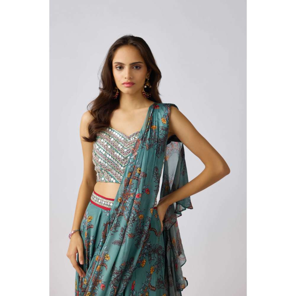 Basanti Kapde aur Koffee Sage Green Chinon Blouse with Lehenga and Draped Dupatta (Set of 3)