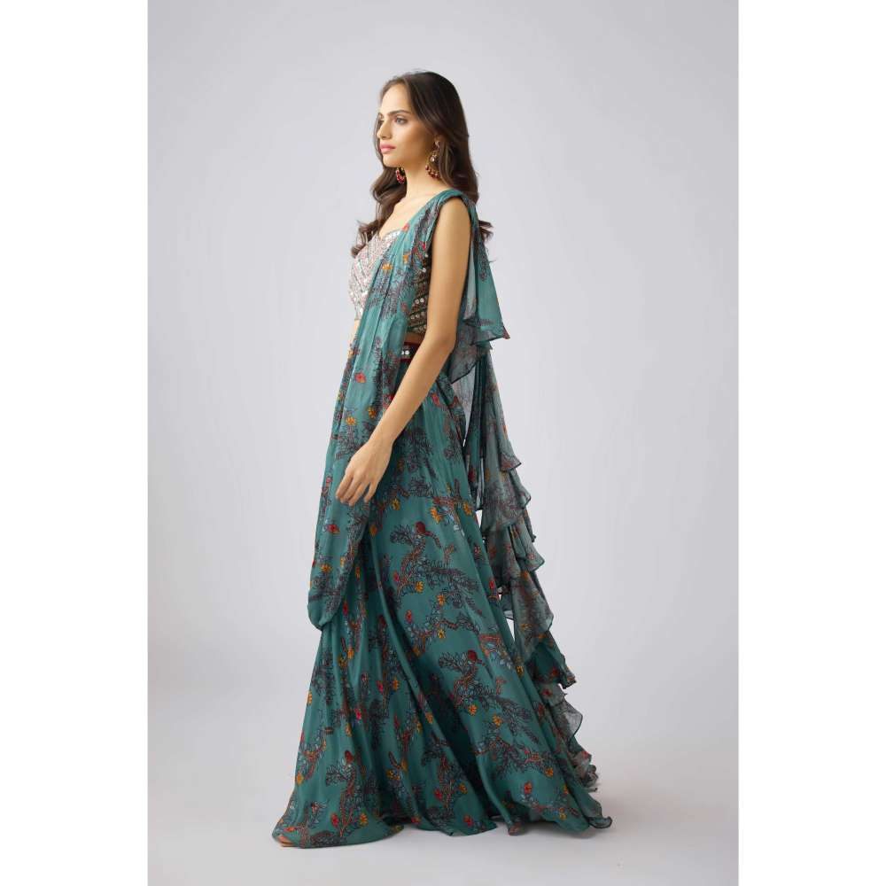 Basanti Kapde aur Koffee Sage Green Chinon Blouse with Lehenga and Draped Dupatta (Set of 3)