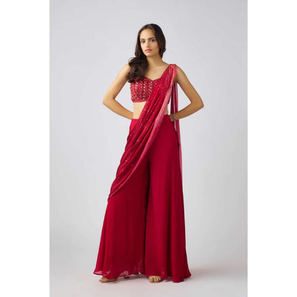 Basanti Kapde aur Koffee Red Chinon Embroidered Pre Draped Saree and Stitched Blouse