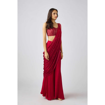 Basanti Kapde aur Koffee Red Chinon Embroidered Pre Draped Saree and Stitched Blouse