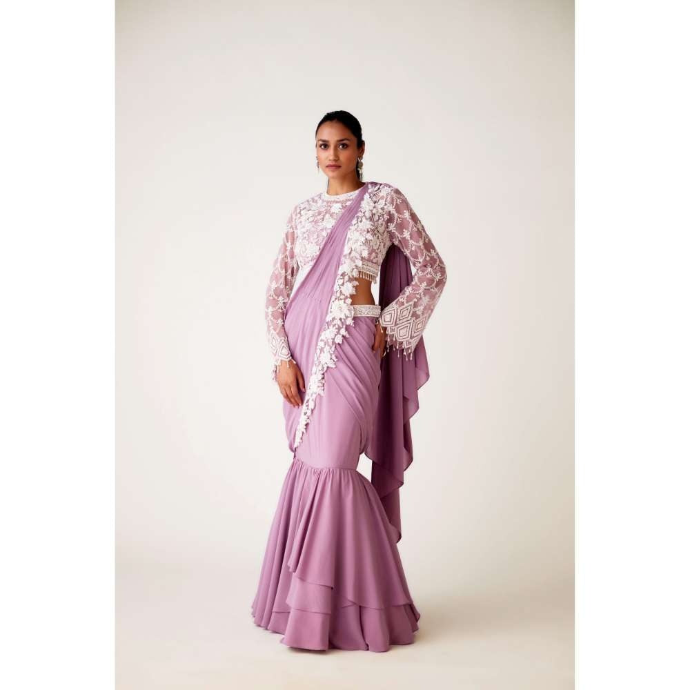 Basanti Kapde aur Koffee Lavender Georgette Embroidered Pre Draped Saree and Stitched Blouse