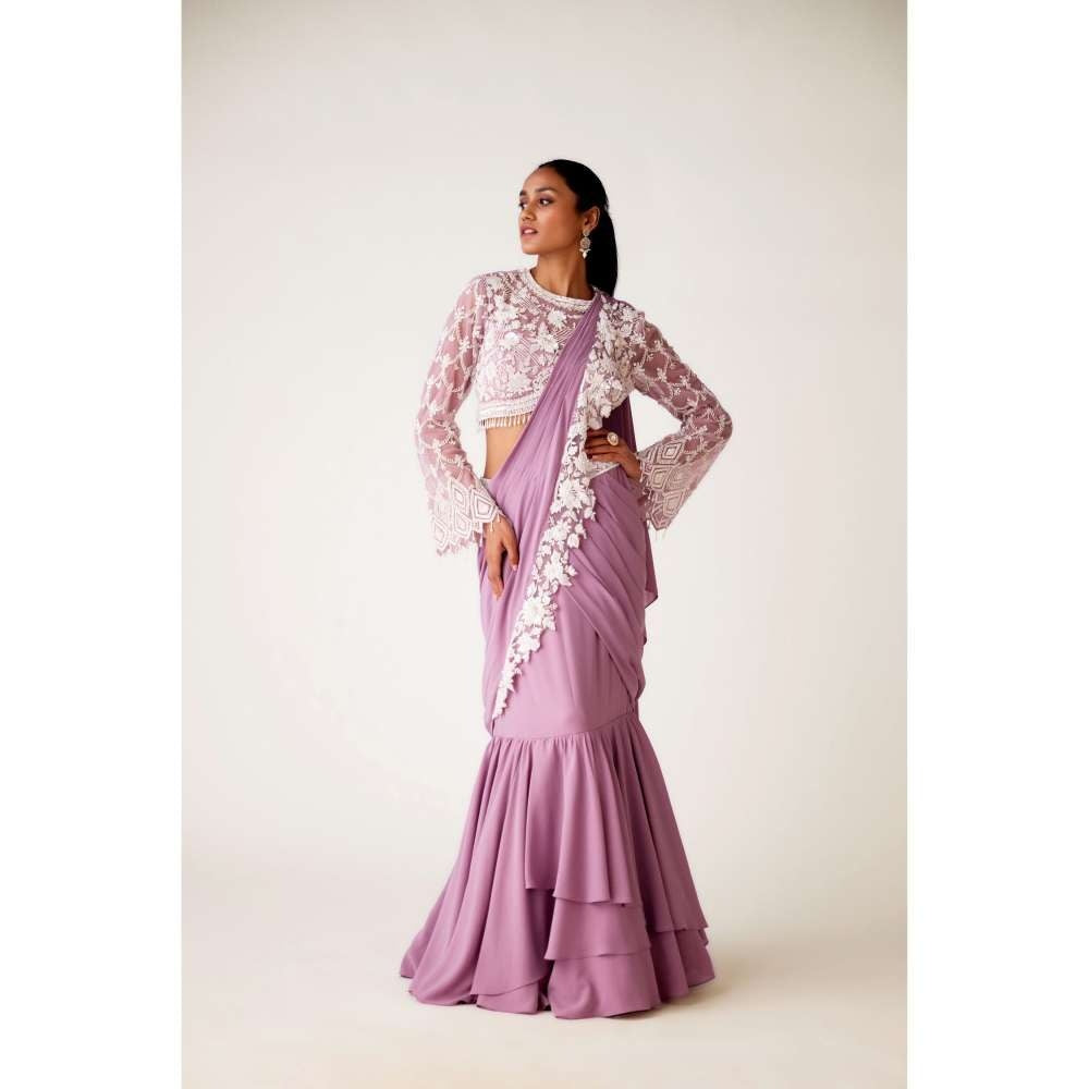 Basanti Kapde aur Koffee Lavender Georgette Embroidered Pre Draped Saree and Stitched Blouse