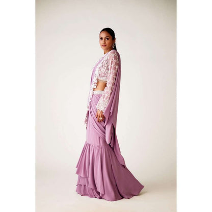 Basanti Kapde aur Koffee Lavender Georgette Embroidered Pre Draped Saree and Stitched Blouse