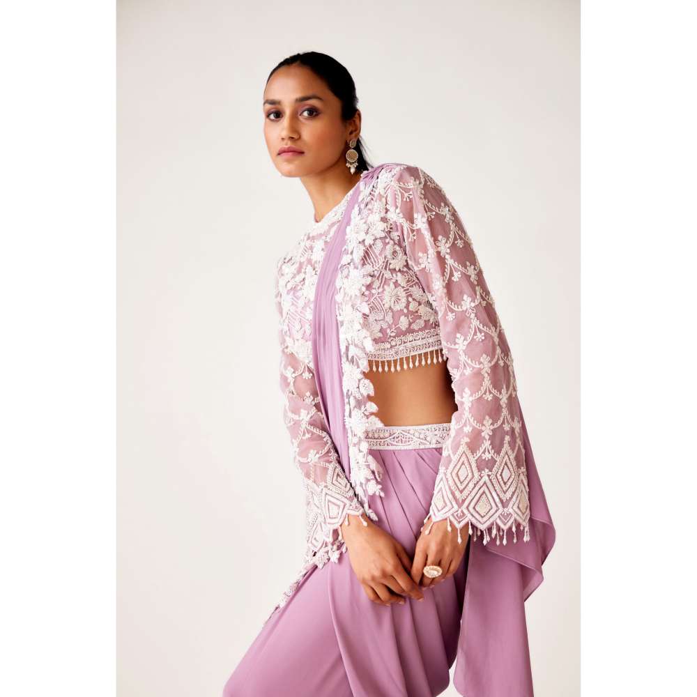 Basanti Kapde aur Koffee Lavender Georgette Embroidered Pre Draped Saree and Stitched Blouse