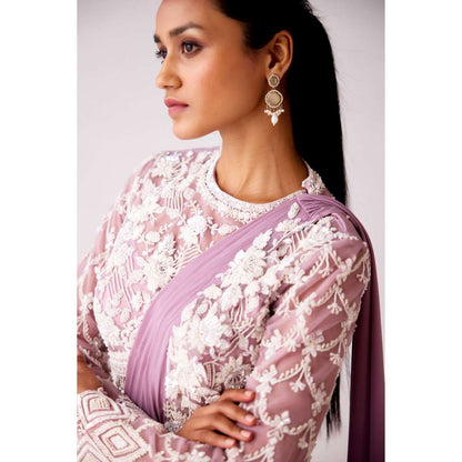 Basanti Kapde aur Koffee Lavender Georgette Embroidered Pre Draped Saree and Stitched Blouse