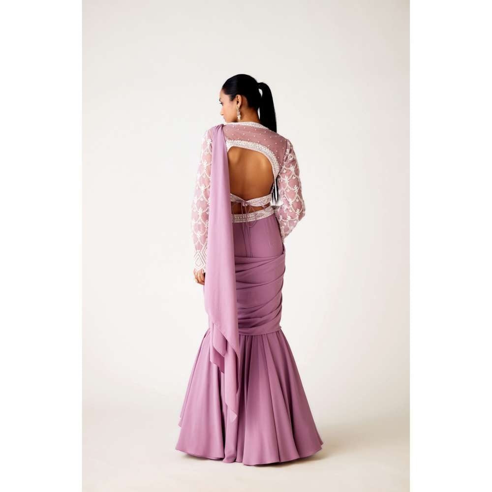 Basanti Kapde aur Koffee Lavender Georgette Embroidered Pre Draped Saree and Stitched Blouse