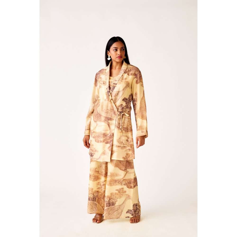 Basanti Kapde aur Koffee Brown Linen Floral Blazer Jacket with Bustier & Palazzo (Set of 3)