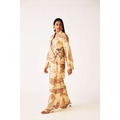 Basanti Kapde aur Koffee Brown Linen Floral Blazer Jacket with Bustier & Palazzo (Set of 3)