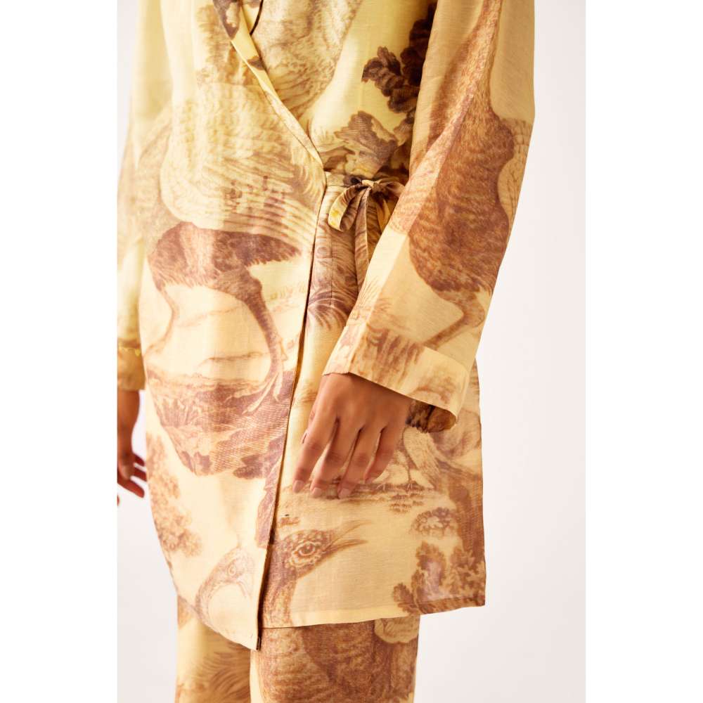 Basanti Kapde aur Koffee Brown Linen Floral Blazer Jacket with Bustier & Palazzo (Set of 3)