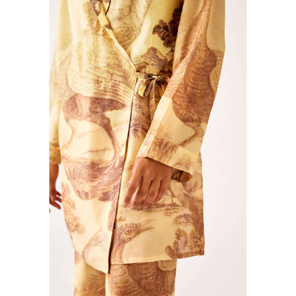 Basanti Kapde aur Koffee Brown Linen Floral Blazer Jacket with Bustier & Palazzo (Set of 3)