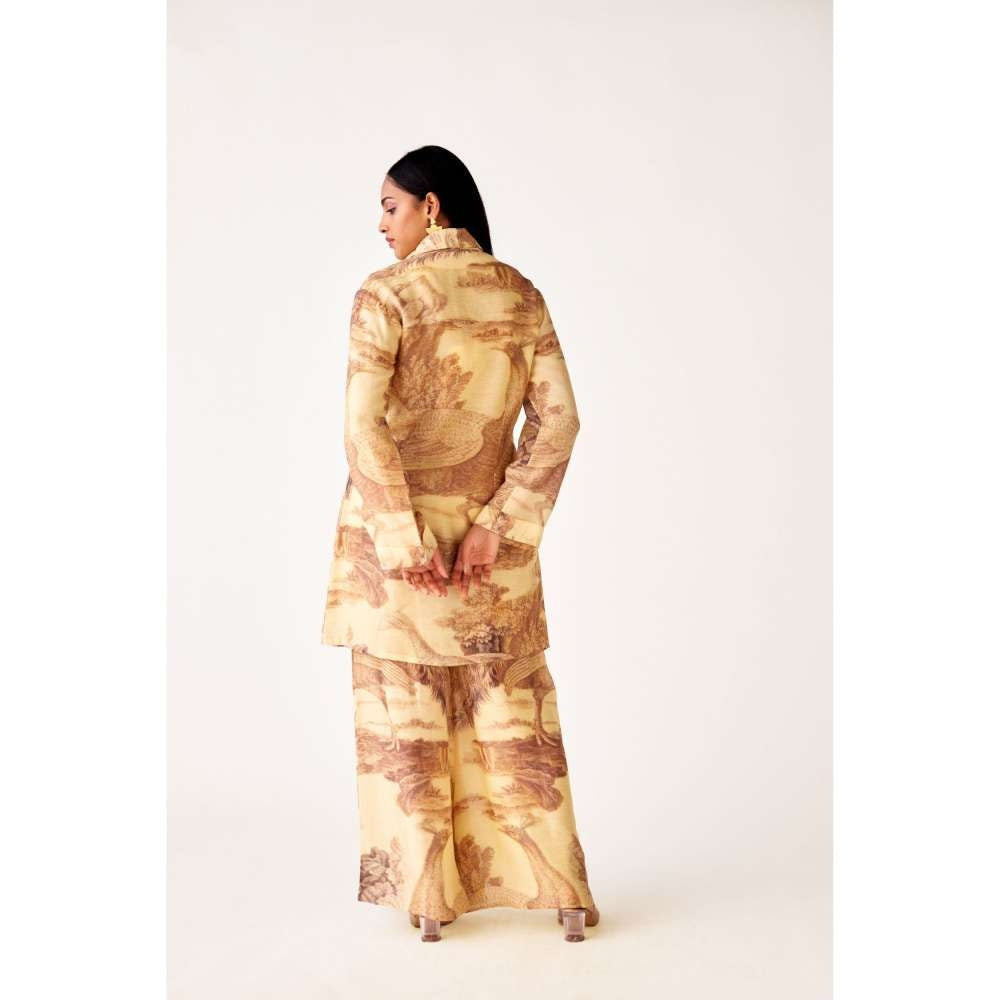 Basanti Kapde aur Koffee Brown Linen Floral Blazer Jacket with Bustier & Palazzo (Set of 3)