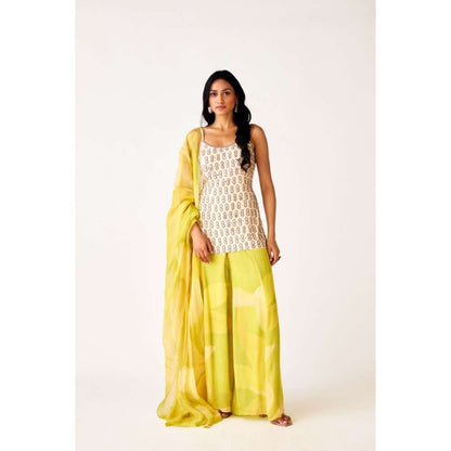 Basanti Kapde aur Koffee Yellow Silk Embroidered Kurti with Palazzo & Dupatta (Set of 3)