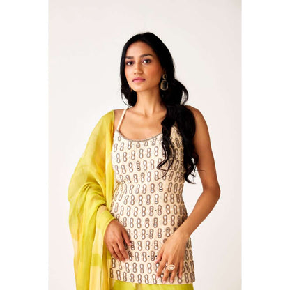 Basanti Kapde aur Koffee Yellow Silk Embroidered Kurti with Palazzo & Dupatta (Set of 3)