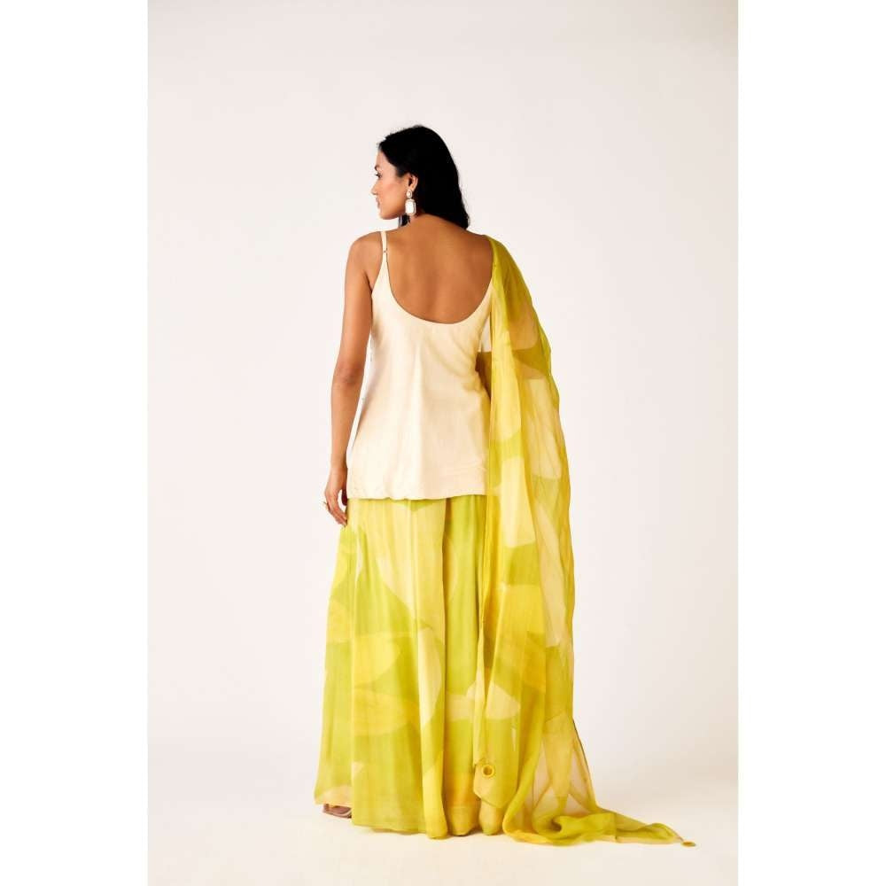 Basanti Kapde aur Koffee Yellow Silk Embroidered Kurti with Palazzo & Dupatta (Set of 3)