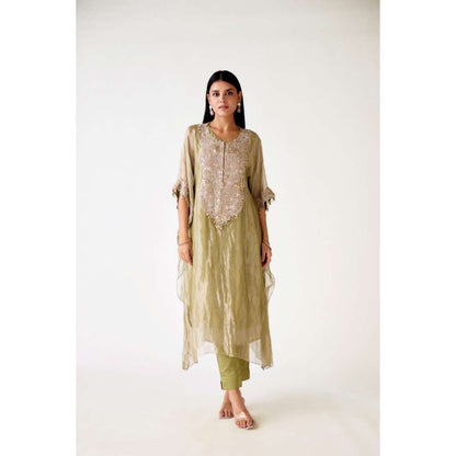 Basanti Kapde aur Koffee Green Tissue Embroidered Kaftan and Pant (Set of 2)