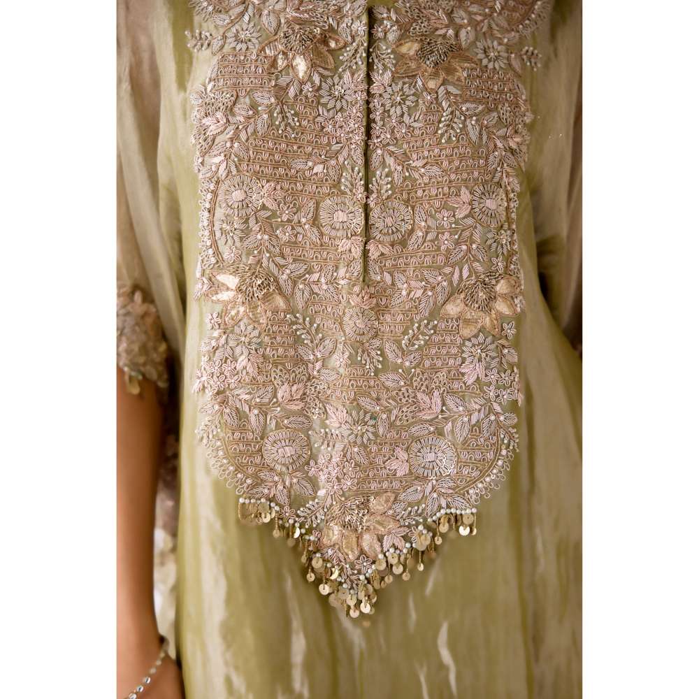 Basanti Kapde aur Koffee Green Tissue Embroidered Kaftan and Pant (Set of 2)