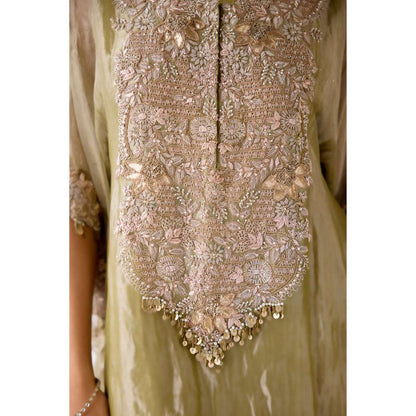 Basanti Kapde aur Koffee Green Tissue Embroidered Kaftan and Pant (Set of 2)