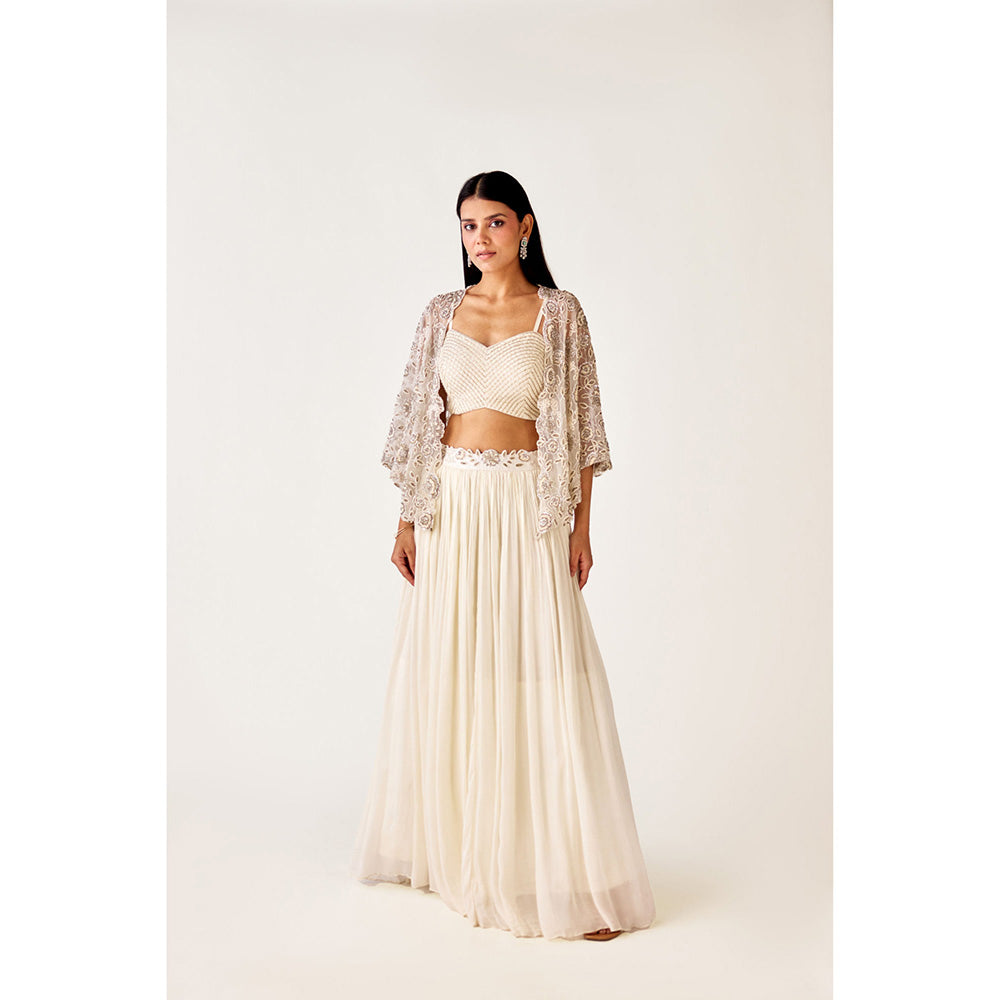 Basanti Kapde aur Koffee Ivory Silk Embroidered Jacket with Bustier and Lehenga (Set of 3)
