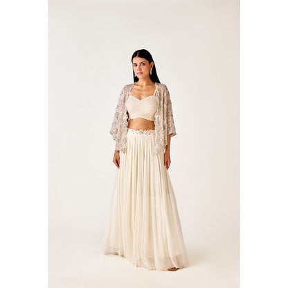 Basanti Kapde aur Koffee Ivory Silk Embroidered Jacket with Bustier and Lehenga (Set of 3)