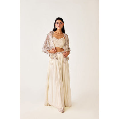 Basanti Kapde aur Koffee Ivory Silk Embroidered Jacket with Bustier and Lehenga (Set of 3)