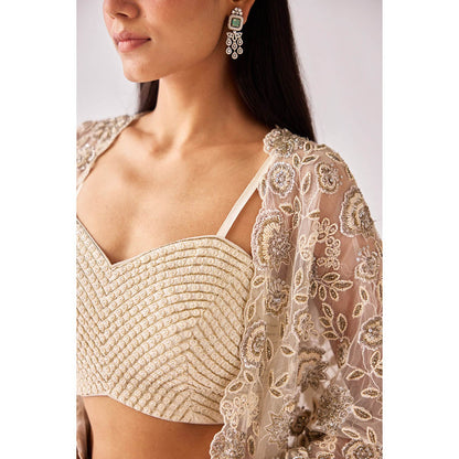 Basanti Kapde aur Koffee Ivory Silk Embroidered Jacket with Bustier and Lehenga (Set of 3)