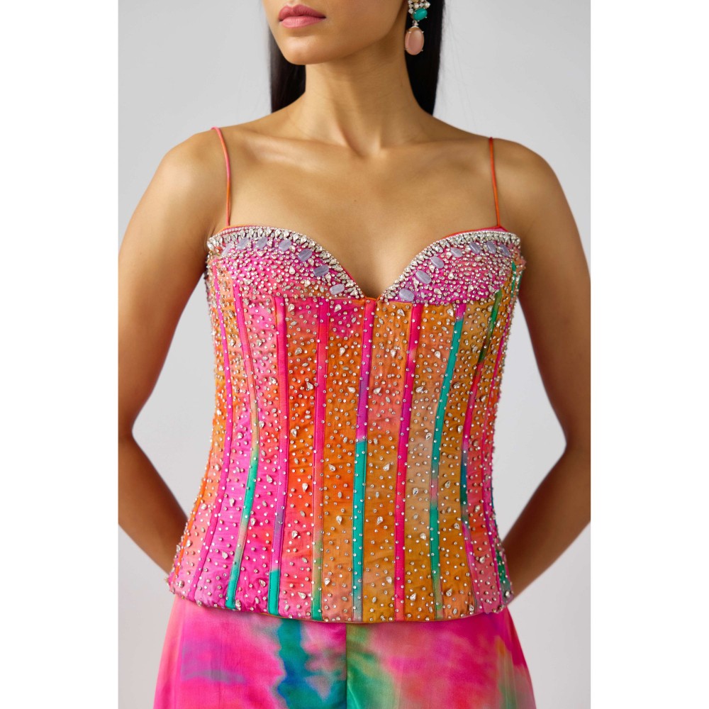 Basanti Kapde aur Koffee Multicolor Crepe Swarovski Beads Corset Blouse Sharara (Set of 2)