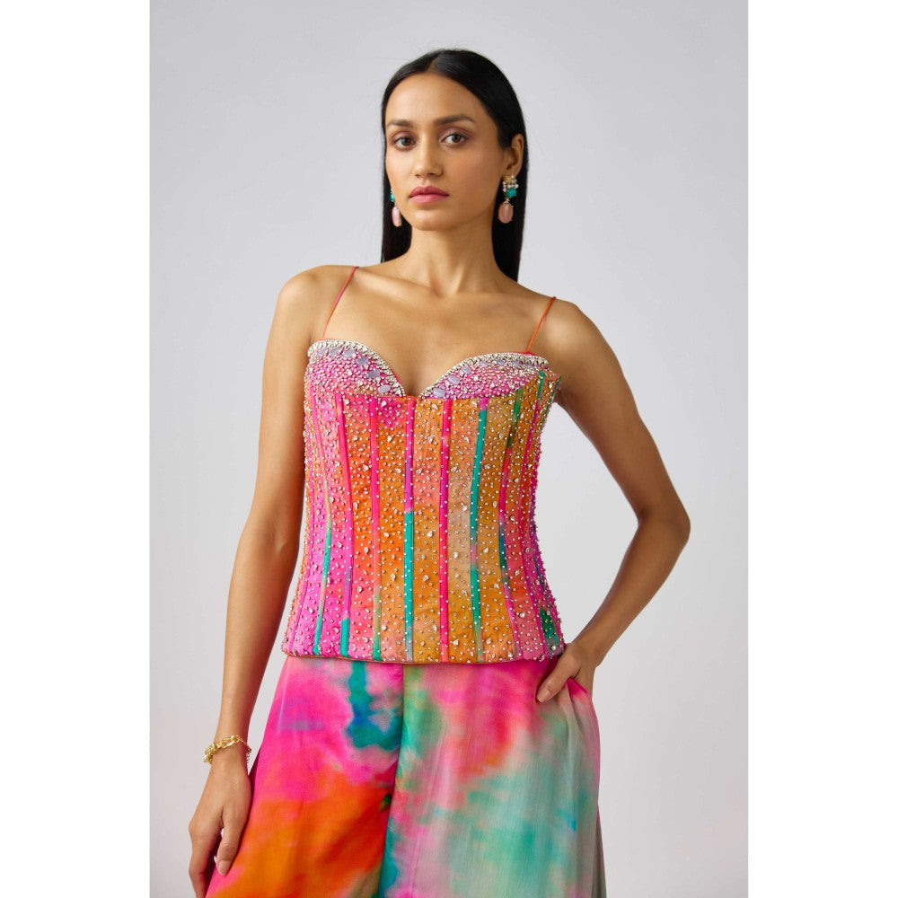 Basanti Kapde aur Koffee Multicolor Crepe Swarovski Beads Corset Blouse Sharara (Set of 2)