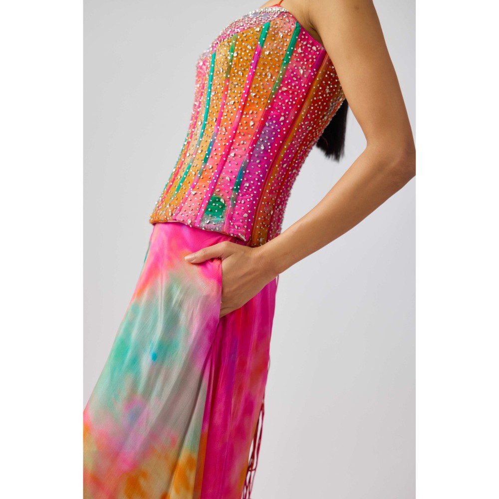 Basanti Kapde aur Koffee Multicolor Crepe Swarovski Beads Corset Blouse Sharara (Set of 2)