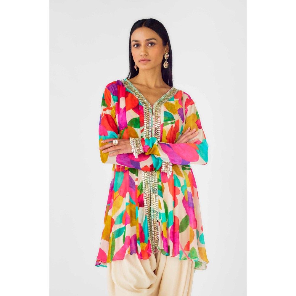 Basanti Kapde aur Koffee Womens Printed Bustier with Kurti and Dhoti Pant (Set of 3)