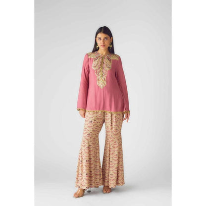 Basanti Kapde aur Koffee Womens Embroidered Pink Kurta with Sharara (Set of 2)
