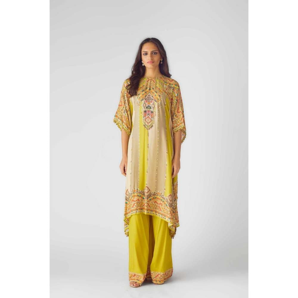 Basanti Kapde aur Koffee Womens Printed Yellow Kaftan with Palazzo (Set of 2)