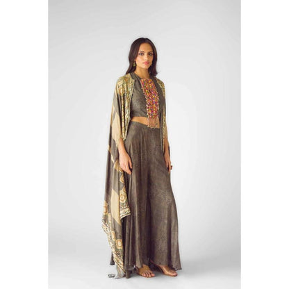 Basanti Kapde aur Koffee Womens Printed Brown Crop Top with Palazzo and Cape (Set of 3)