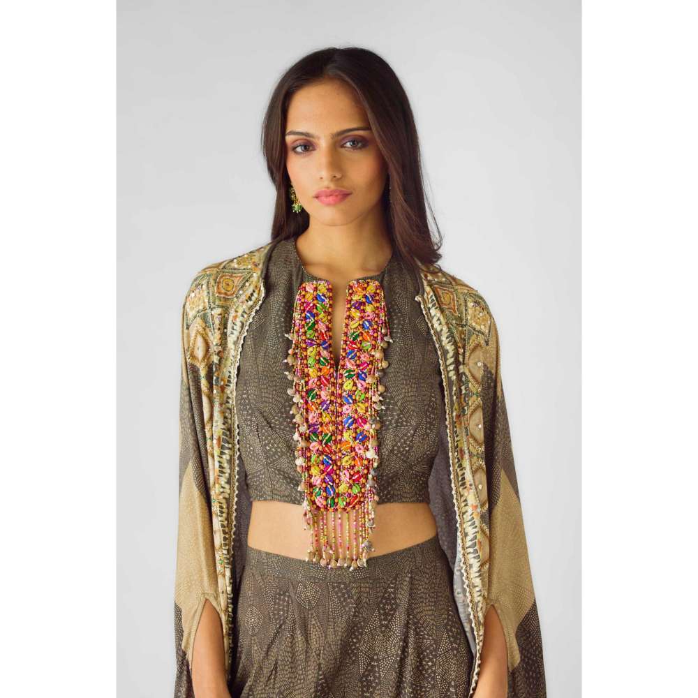 Basanti Kapde aur Koffee Womens Printed Brown Crop Top with Palazzo and Cape (Set of 3)